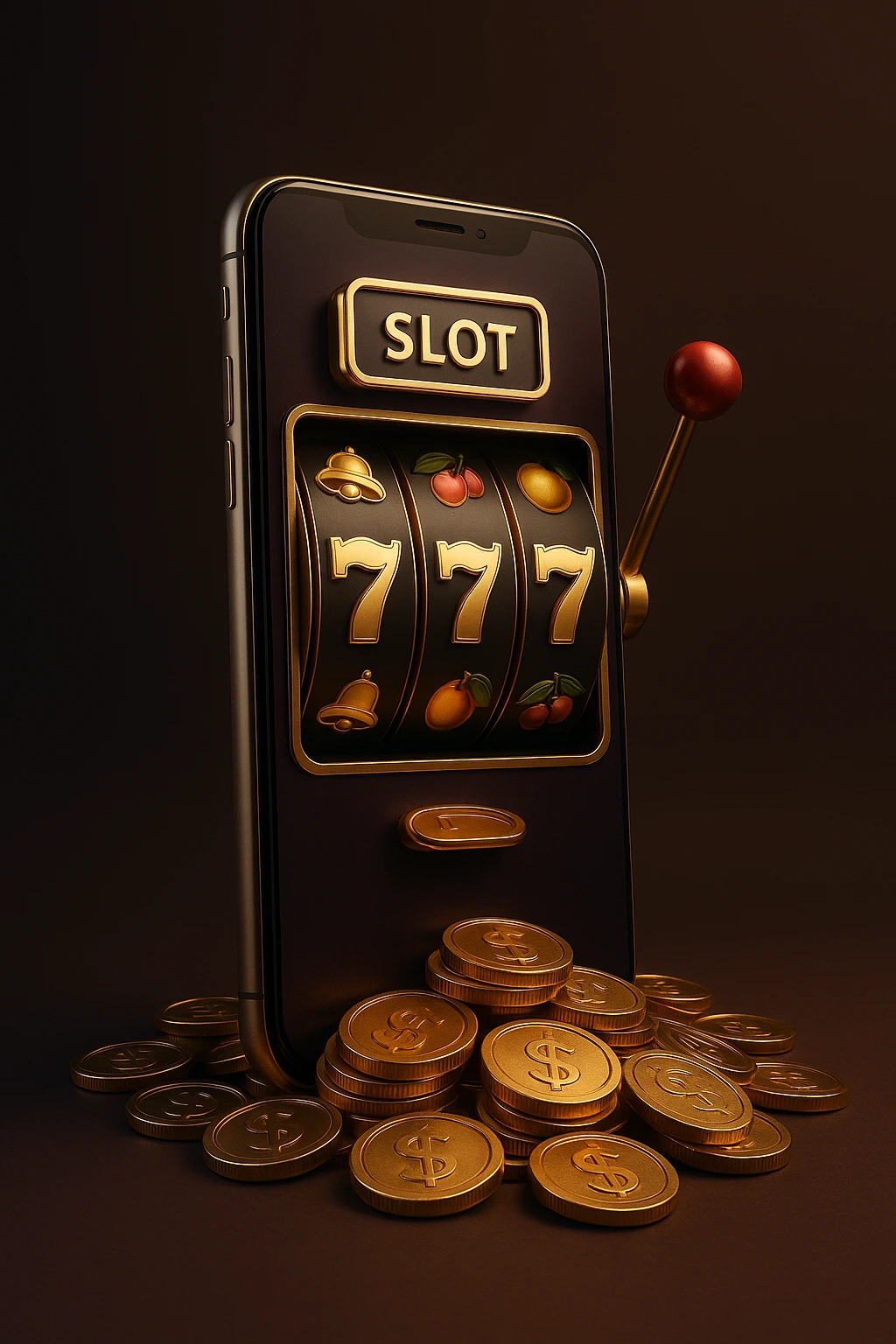 Ilustrasi 3D slot modern elegan di layar smartphone dengan simbol 777 emas, dikelilingi koin digital berkilau dalam nuansa visual premium.