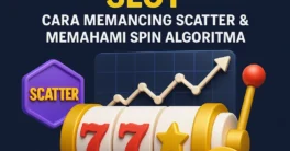 Ilustrasi 3D teknik gacor slot dengan simbol scatter, mesin 777, dan grafik algoritma naik