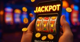 Ilustrasi 3D slot gacor mobile jackpot dengan smartphone menampilkan gulungan berputar cepat, koin emas berhamburan, dan efek maxwin di GOCAP4D.