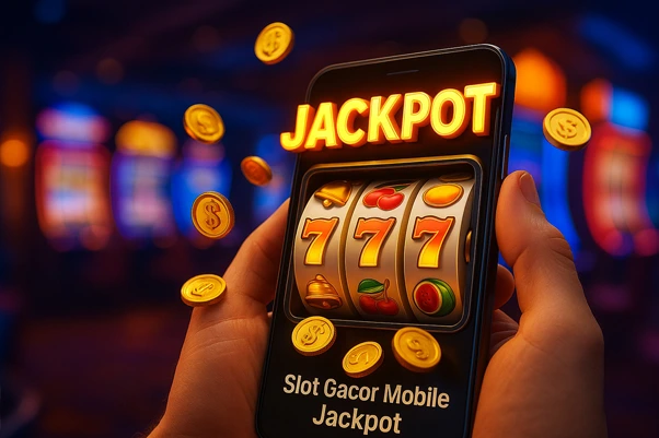 Ilustrasi 3D slot gacor mobile jackpot dengan smartphone menampilkan gulungan berputar cepat, koin emas berhamburan, dan efek maxwin di GOCAP4D.